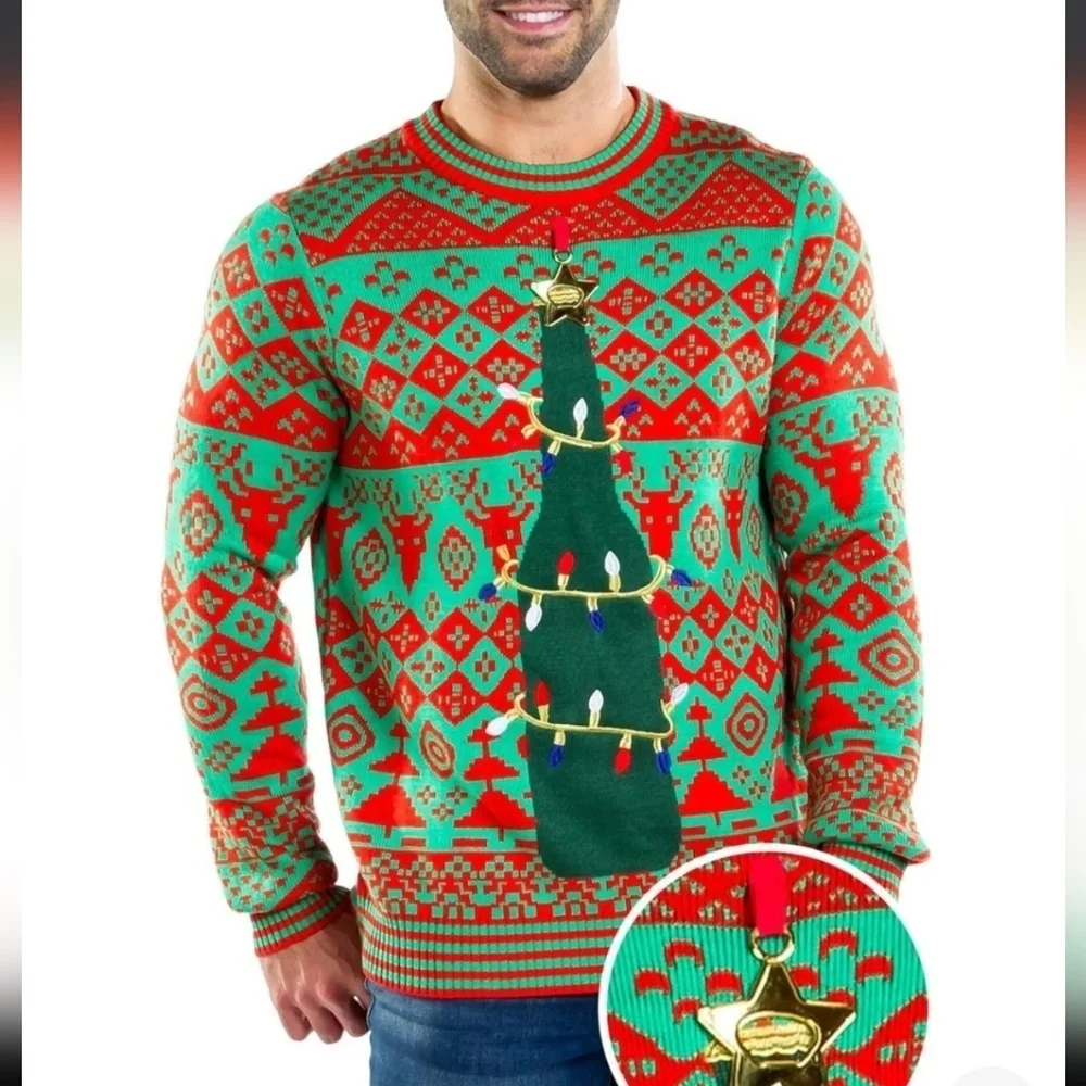 Tipsy Elves, Men's Bottle Opener Ugly Christmas Sweater, Green/Red, Size L